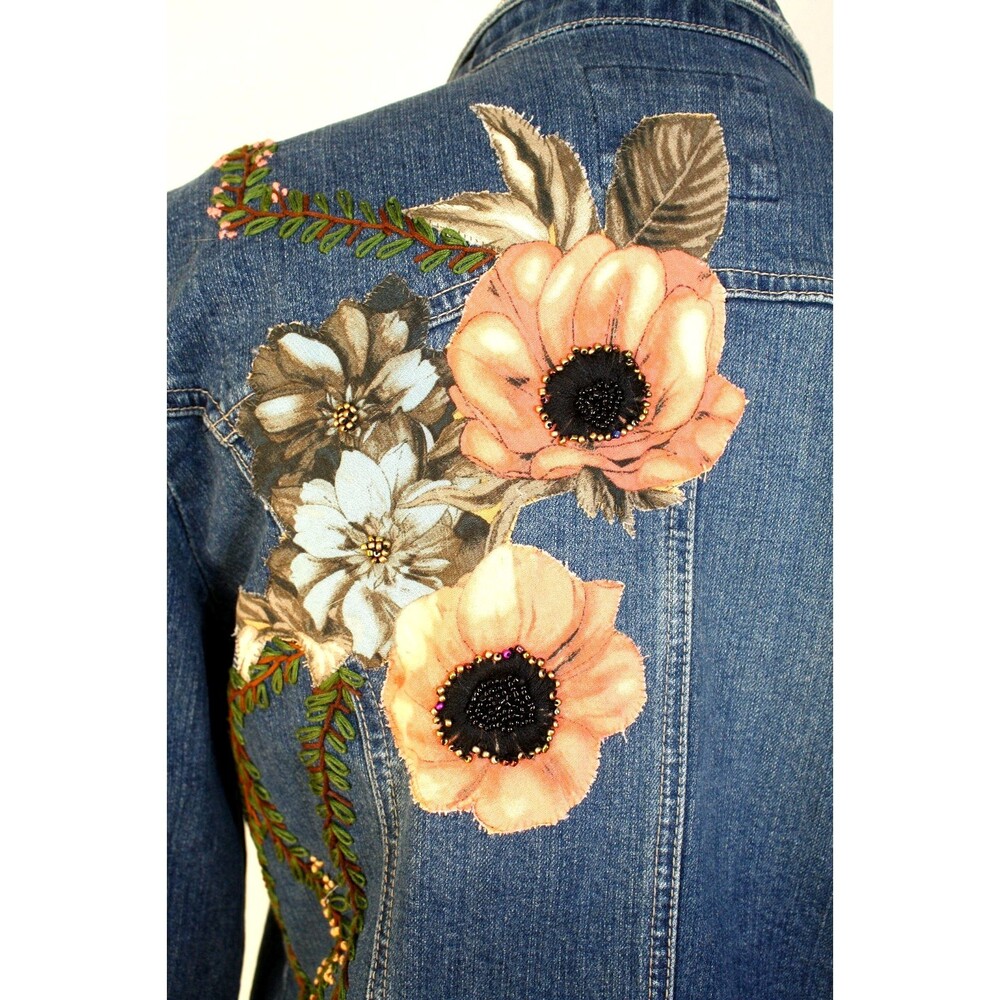 Upcycled OOAK LIVE A LITTLE Denim Jacket Embroidered Beaded Floral Applique XL * - Picture 9 of 13